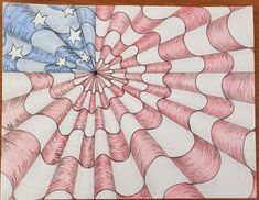 a drawing of an american flag made with colored pencils on white paper and wood