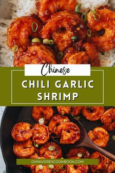 chinese chilli garlic shrimp in a skillet with rice and scallions on the side