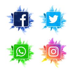 four different colored social icons on a white background with splashes in the shape of facebook and whatsapp