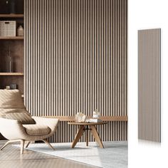 a chair and table in front of a bookshelf with striped wallpaper on the walls