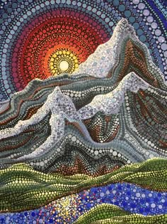 a mosaic painting with mountains in the background