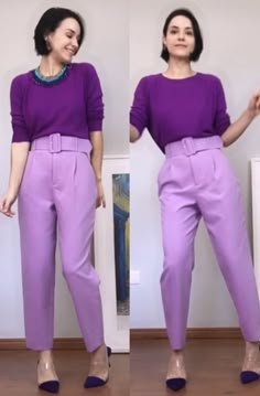 Corte e costura, sem sair de casa. Aprenda todas as técnicas de costura e seja uma profissional. #corteecostura#modelagemderoupa#pantalona#diy#façavocêmesmo#costurasemsegredos Light Teal Pants Outfit, Funky Classic Style, Outfit Color Combinations, Violet Outfit, Purple Top Outfit, Purple Pants Outfit, Purple Color Combinations, Colour Combinations Fashion