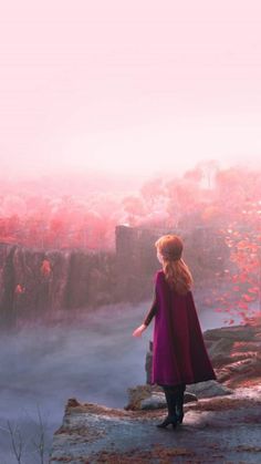 a woman in a purple dress standing on top of a cliff looking at the sky