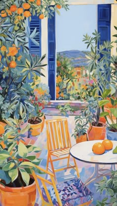 an oil painting of oranges and potted plants