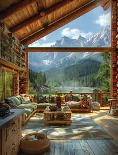 a living room filled with lots of furniture and mountains in the background