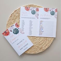 two wedding programs on a wicker placemat with matching cards and price tags for each guest