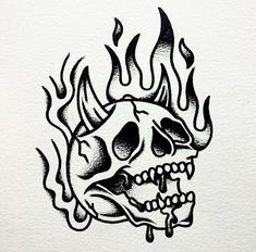 a black and white drawing of a skull with flames on it's back side