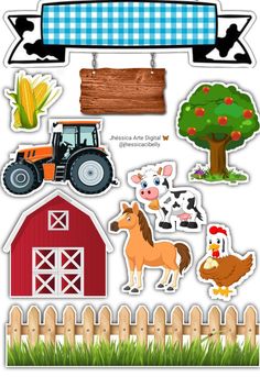 the farm scene is shown with farm animals, barn and tractor stickers on it