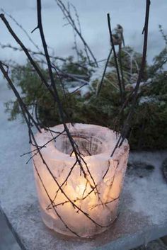 a candle that is sitting in the snow next to some branches and twigs with ice on it