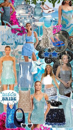 miami bachelorette party | mama mia theme | miami outfits & aesthetic, glue, white, silver, sequin dresses, sparkly, glitter, mini dress, sparkly dress, sequin dress, sequin bag, blue bag, embellished heels, Mamma Mia, disco, ocean, Greece, Miami, bachelorette girls, outfit, inspiration, clubbing outfit, going out theme Mama Mia Theme, Bachelorette Party Outfit Themes, Bachelorette Outfit Themes, Donna And The Dynamos, 17th Birthday Party Ideas, Retro Bridal Showers, Miami Bachelorette