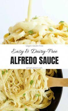 a bowl full of alfredo sauce with a wooden spoon in it and the title says easy & daily - free alfredo sauce