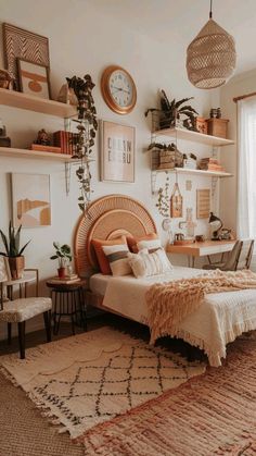 a bedroom decorated in neutral tones and wicker furniture with plants on the shelves above the bed