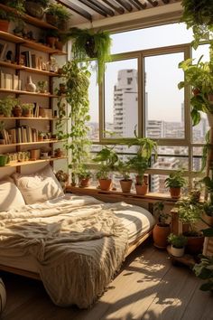 a bedroom with plants and bookshelves in the window sill, along with a bed