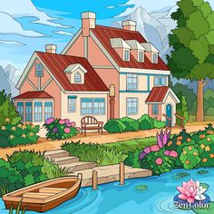 a house with a boat in the water and flowers around it, surrounded by mountains