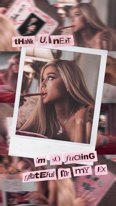 a collage of photos with the words thank u next in pink and white letters