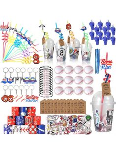 an assortment of sports themed party supplies including plastic cups, candy sticks, and more