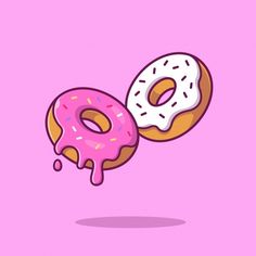 two donuts with icing and sprinkles are on a pink background