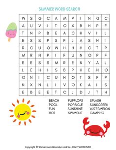 the summer word search is shown in this image