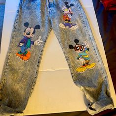 Disney’s Vintage 80’s Levi’s By California Designer Too Cute. Oversized Mickey Levi’s Made To Paper-Bag The Waist. These Jeans Do Not Have Iron Ons Or Are Inked. The Patches Are Sewn On From Another Mm Itemnon Stretch In Great Condition. Note: Back Of Left Leg Below Seat There Is A Clean Horizontal Tear Mickey Mouse Jeans, California Design, Disney S, Cute Jeans, Too Cute, High Jeans, Paper Bag, Women Jeans, California