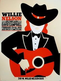 the poster for willie nelson's concert is shown in red and black with an image of a cowboy holding a guitar