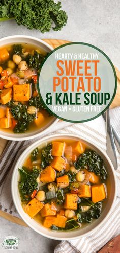 two bowls of hearty sweet potato and kale soup with the title overlay