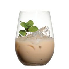 a glass filled with ice and some green leaves