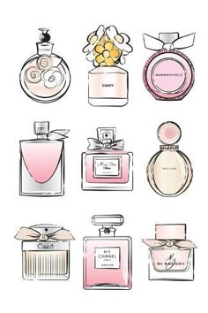 size: 18x12in Art Print: Perfume Set by Martina Pavlova : Perfume Art, Bottle Drawing, Chanel Perfume, Perfume Set, Watercolor Flowers Paintings, 자수 디자인, Luxury Perfume, Miss Dior, Watercolor Flower