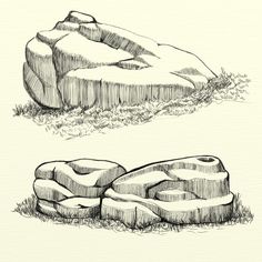 two drawings of rocks in the grass