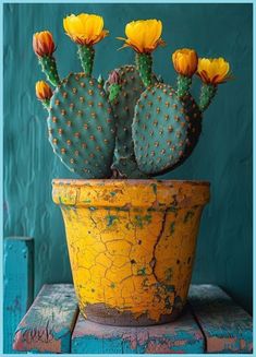 a yellow potted cactus sitting on top of a wooden table