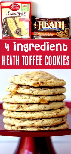 a stack of cookies sitting on top of a red table next to a box of chocolate chips