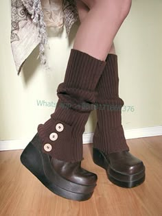 Dress Cute Square Toe Brown Wedge Boots Warm Mid-calf Fuzzy Slouchy Platform Shoes Women Punk Piping Mode Inspiration, Dream Clothes, Dandy, Suho, Leg Warmers