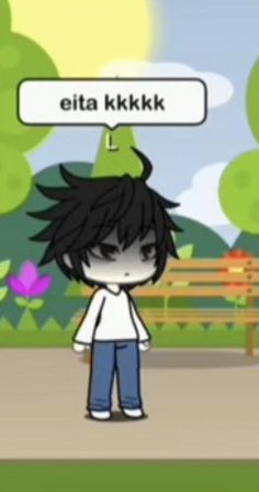 an animated boy standing in front of a bench with a sign above his head that says, eta kkkk