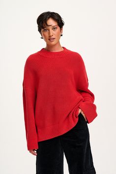 Amari - Oversized Knitted Jumper in Red Oversized Red Knitted Sweater, Oversized Soft Knit Red Tops, Oversized Red Chunky Knit Outerwear, Red Oversized Cotton Sweater, Oversized Knitted Jumper, Lucy And Yak, Red Knitted V-neck Outerwear, Fitted Jumper, Cotton Jumper