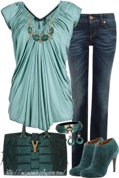 Like a fall dark seafoam green? really pretty in Satin and suede, by mzmamie on Polyvore Turquoise Outfit Ideas, Turquoise Outfit, Monochromatic Scheme, Teal Outfit, Pretty Top, Mode Casual, Fall Color, Complete Outfits, Seafoam Green