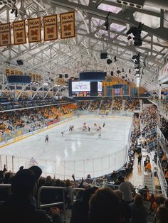 an indoor hockey stadium with fans watching the game