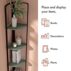 the corner shelf has three shelves with plants and books on it, along with other items