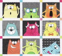 a quilt with many different colored cats on it's sides and one cat has its mouth open