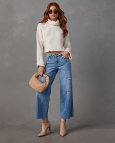 These wide leg jeans are a 10 out 10! The Camala has distressed details all over, a high rise and raw hem. We love that it's complete with five classic pockets and a good amount of stretch for that comfy, wear-all-day feeling. Style it with your favorite fall sweaters and boots! High rise Wide leg fit Distressed detailing & raw hem Front zip fly & button closure 5 Classic pockets 93% Cotton 5% Polyester 2% Spandex Runs Large Comfy Wear, Boots High, Leg Stretching, Satin Slip, Swimsuit Cover Ups, Romper Dress, Fall Sweaters, Swimsuit Cover, Dress Backs