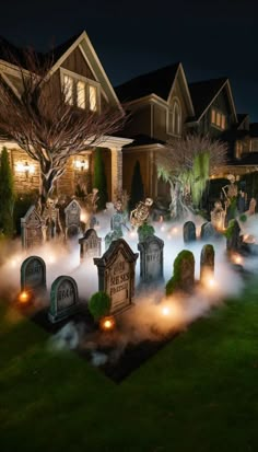 a spooky graveyard in front of a house at night with fog coming from the ground