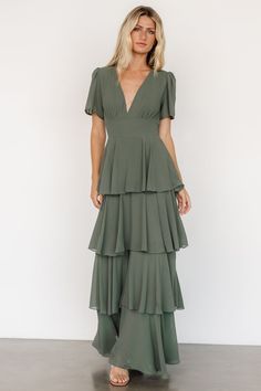 Montaigne Ruffle Maxi Dress | Dark Sage Ruffle Bridesmaid Dress, Maxi Dress Dark, Cocktail Jumpsuit, Dress Rich, Sage Green Bridesmaid Dress, Destination Dress, Dark Sage, Ruffle Maxi Dress, Baltic Born