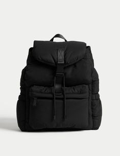 Nylon Drawstring Padded Backpack | M&S Collection | M&S Padded Drawstring Bag, Black Nylon Backpack, School Backpack With Drawstring In Nylon, Luxury Black Backpack With Functional Pockets, Recycled Polyester Everyday Backpack, Puffer Backpack, Nylon Drawstring Backpack, Luxury Black Backpack With Detachable Handle, Black Nylon Drawstring Bag For Everyday Use