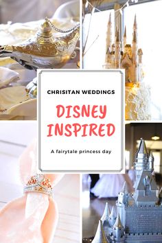 a collage of photos with the words christian wedding disney inspired on it and princess's castle