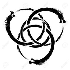 an artistic black and white tattoo design with two snakes in the center, on a white background