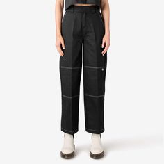 These women’s high-waisted pants are rooted in workwear with a durable double knee. They have a relaxed fit, twill blend construction, and a cell phone pocket. The timeless work-inspired pants are finished with contrast stitching at the double knee, front pockets, cell pocket, and hem. Utility High-waisted Cargo Pants For Workwear, Wide-leg Cargo Pants With Belt Loops For Workwear, High Waist Utility Cotton Work Pants, High Waist Cotton Utility Work Pants, Utility Wide-leg Work Pants, Utility High Waist Work Pants, High Waist Cargo Work Pants, High Waist Cargo Style Work Pants, Black Work Pants With Cargo Pockets