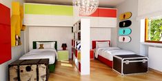 two beds in a room with red, green and white walls