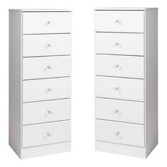 two tall white drawers are shown against a white background, one is closed and the other is closed