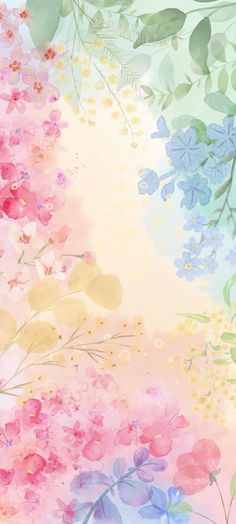 an artistic painting with flowers and leaves on the wall in pink, blue, yellow and green colors