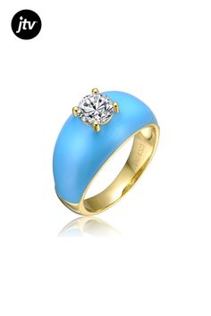 14k Gold Plated with Clear Cubic Zirconia Solitaire Blue Enamel Dome Ring. This brightly polished 14k gold plated ring features a glittering round brilliant cut cubic zirconia secured in a four-prong setting. A rich turquoise enamel coating on the top of a dome-shaped ring adds a two-tone versatility to this cute design, making it perfect for mixing and matching with other jewelry. Finish your wardrobe with a pop of uplifting vibrancy that is right on-trend. Available in ring sizes: 6-8. Dome Ring, Domed Ring, Plated Ring, Gold Plated Rings, Ring Sizes, Round Brilliant, Prong Setting, Cute Designs, Two Tone