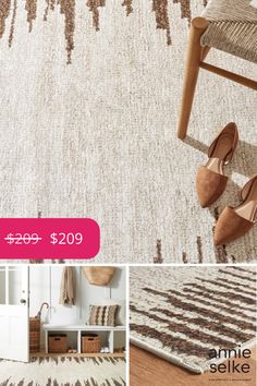 an advertisement for a carpet store featuring shoes and rugs in brown, beige and white colors