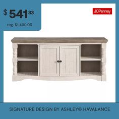 a white entertainment center with two doors and shelves for $ 549 00 reg $ 4800 00